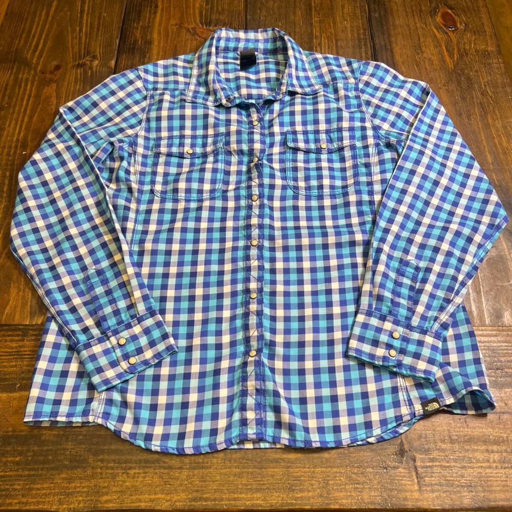The North Face Womens XL Blue Gingham Plaid Snap Front Hiking Shirt Long Sleeve
